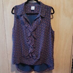 Cabi Deep Turquoise Ruffled Sleeveless Blouse with Notched Collar